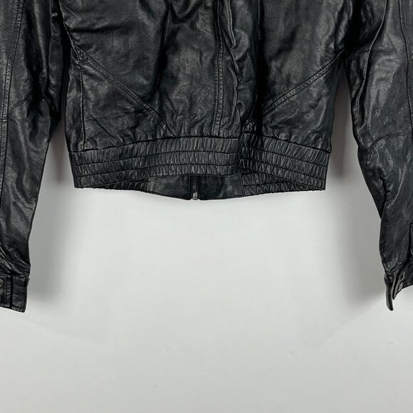 Kismet Cropped Biker Jacket Size S Black Faux Leather Long Sleeve Full Zip Band - Picture 9 of 9